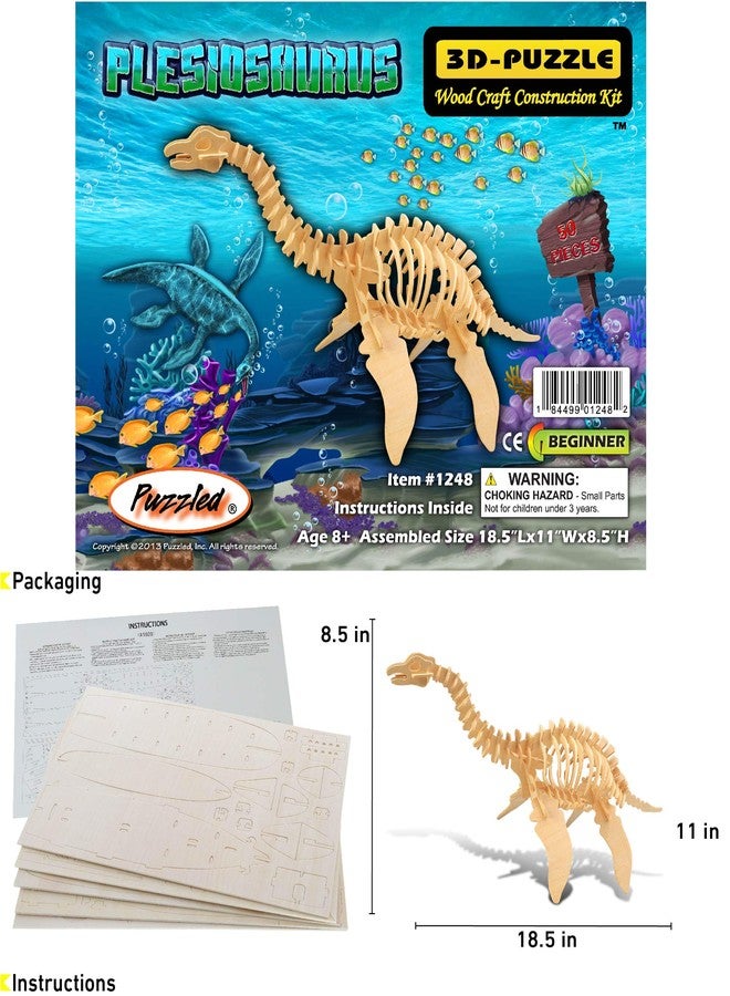 Puzzled 3D Puzzle Plesiosaurus Dinosaur Wood Craft Construction Model Kit Fun, Educational DIY Wooden Dino Toy Assemble Model Unfinished Craft Hobby Puzzle to Build & Paint for Decoration 50pcs Pack - Image 2